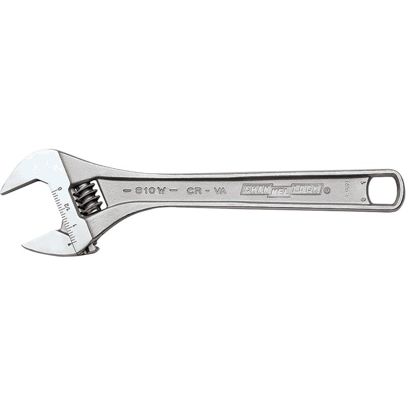 Channellock WIDEAZZ Series 810W Adjustable Wrench, 10 in OAL, 1.38 in Jaw, Steel, Chrome, Plain-Grip Handle