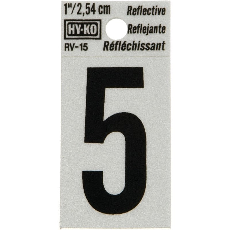Hy-Ko RV-15/5 Reflective Sign, Character: 5, 1 in H Character, Black Character, Silver Background, Vinyl (Pack of 10)