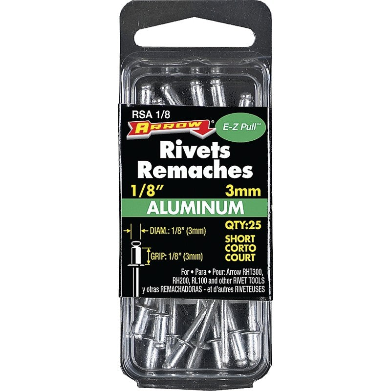 Arrow RSA1/8 Pop Rivet, Short, 1/8 in Grip, 1/8 in L, Aluminum, 25/PK