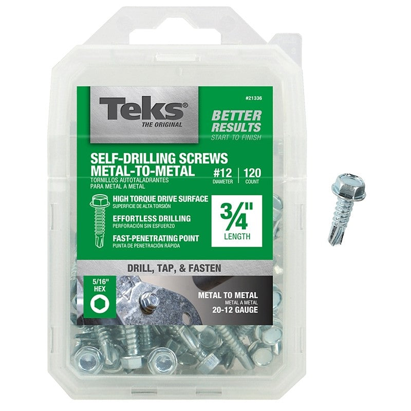 Teks 21336 Screw, #12 Thread, 3/4 in L, Coarse Thread, Hex Drive, Self-Drilling, Self-Tapping Point, Steel, Zinc, 120 PK