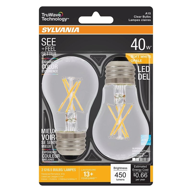 Sylvania 40761 Natural LED Bulb, General Purpose, A15 Lamp, 40 W Equivalent, E26 Lamp Base, Dimmable, Clear
