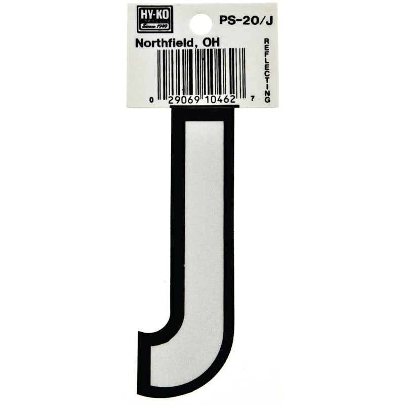 Hy-Ko PS-20/J Reflective Letter, Character: J, 3-1/4 in H Character, Black/White Character, Vinyl (Pack of 10)
