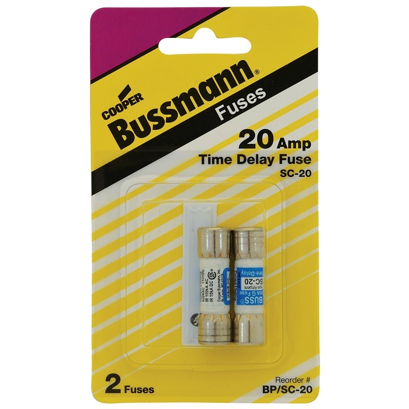 Bussmann BP/SC-20 Time Delay Fuse, 20 A, 600 VAC, 170 VDC, 10, 100 kA Interrupt, Glass Body