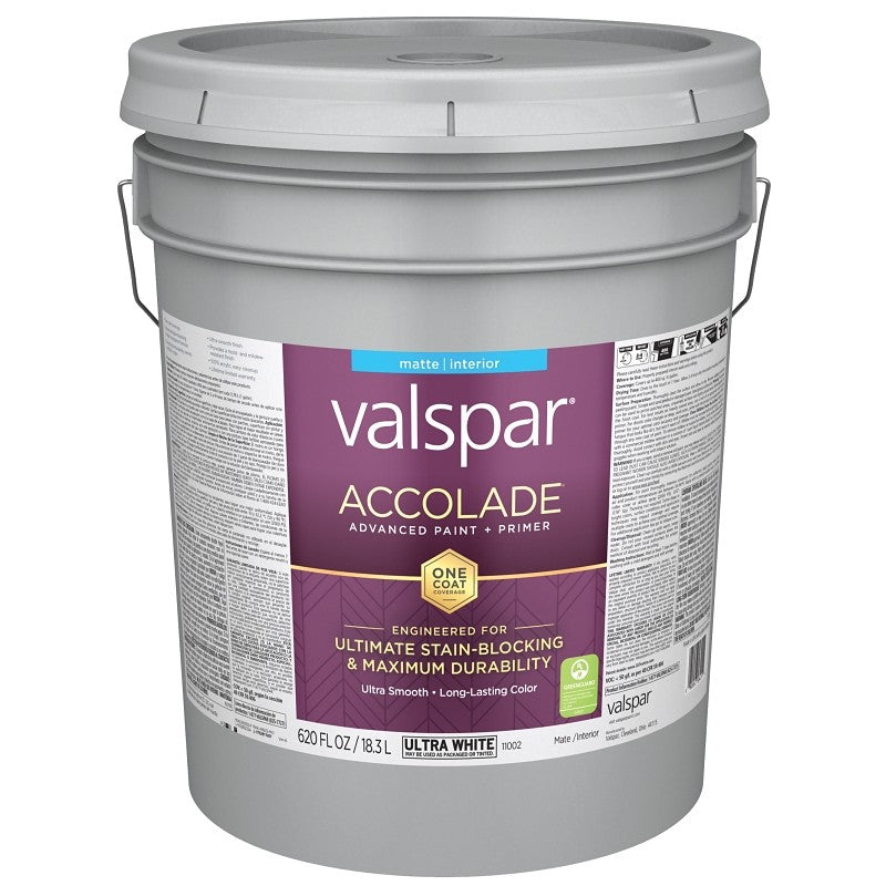 Valspar Accolade 1100 028.0011002.008 Latex Paint, Acrylic Base, Matte, Ultra White, 5 gal, Plastic Pail