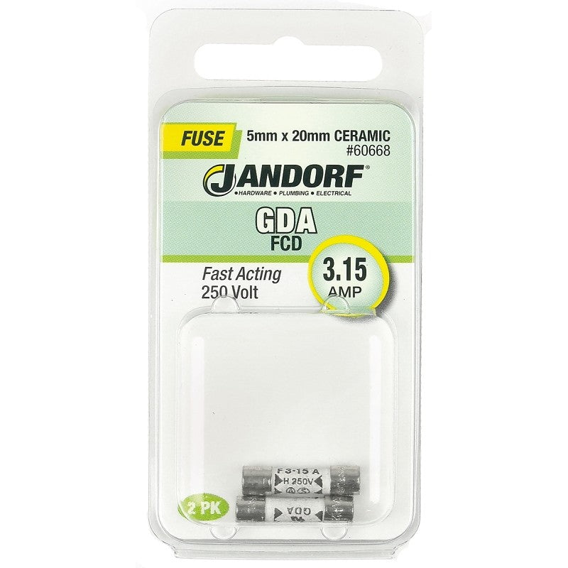 Jandorf 60668 Fast Acting Fuse, 0.03 Ohm, 3.15 A, 250 V, 1500 A Interrupt, Ceramic Body, 5 mm Dia