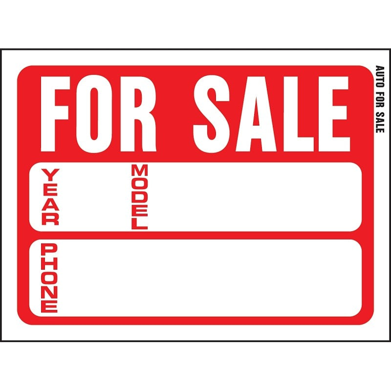Hy-Ko 20605 Sign, For Sale (Auto), White Legend, Plastic, 12 in W x 8-1/2 in H Dimensions (Pack of 10)