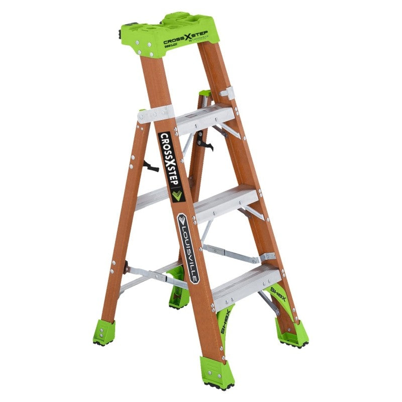 Louisville FXS1504 Cross Step Ladder, 4 ft H, Type IA Duty Rating, Fiberglass, 300 lb, 4-Step, 102 in Max Reach