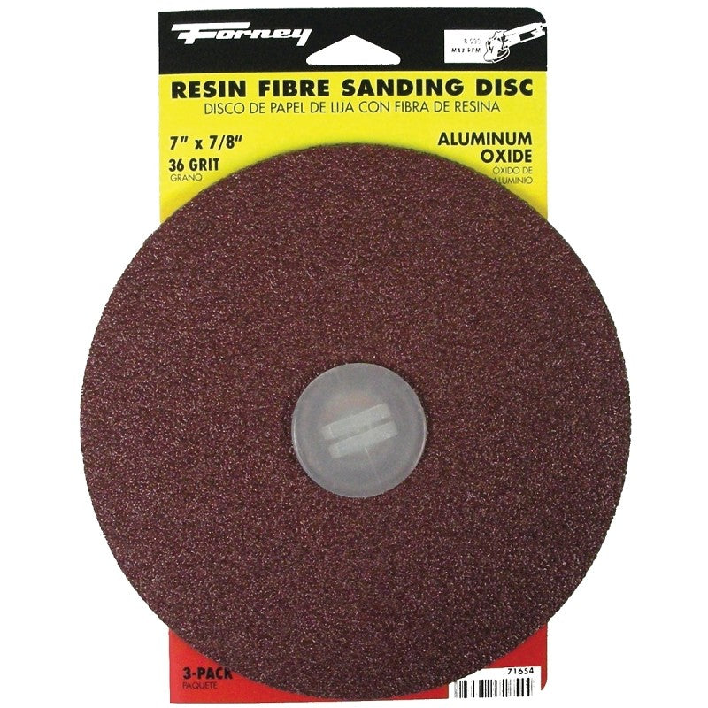 Forney 71654 Sanding Disc, 7 in Dia, 7/8 in Arbor, Coated, 36 Grit, Extra Coarse, Aluminum Oxide Abrasive