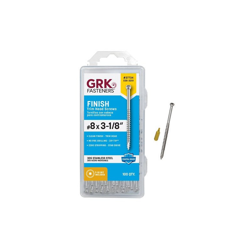 GRK Fasteners 37734 Screw, 3-1/8 in L, Trim Head, Stainless Steel, 100 PK