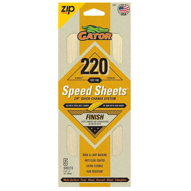 Gator 7477 Hook and Loop Sandpaper, 9 in L, 3-2/3 in W, 220 Grit, Aluminum Oxide Abrasive, Latex/Paper Backing