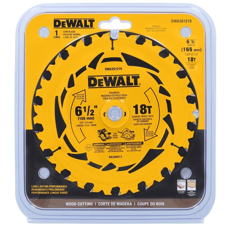 DEWALT DWA161218 Circular Saw Blade, 6-1/2 in Dia, 5/8 in Arbor, 18-Teeth