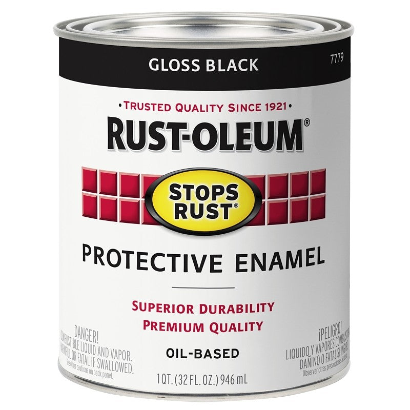 Rust-Oleum Stops Rust 7779504 Enamel Paint, Oil, Gloss, Black, 1 qt, Can, 50 to 90 sq-ft/qt Coverage Area