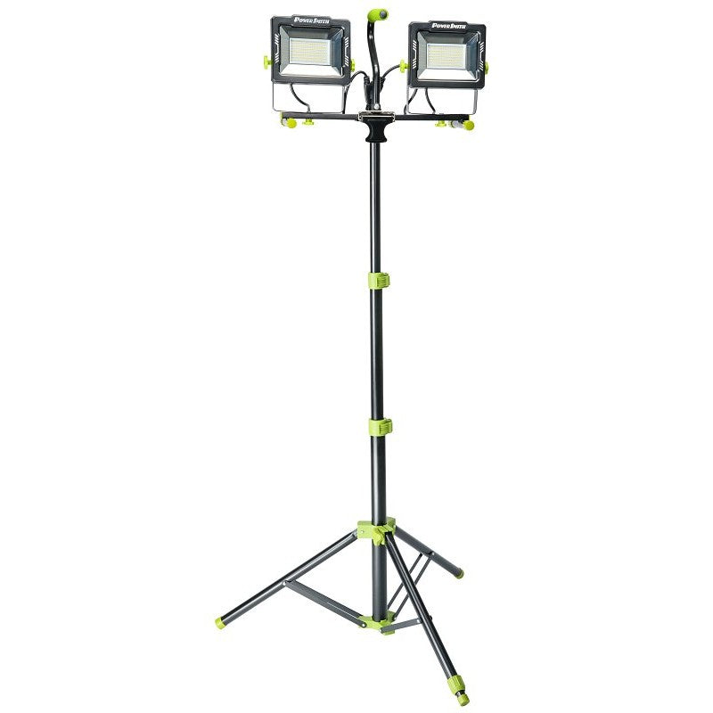 PowerSmith PWLD200T Dual-Head Work Light with Tripod, 120 V, 170 W, LED Lamp, 20,000 Lumens, 5000 K Color Temp