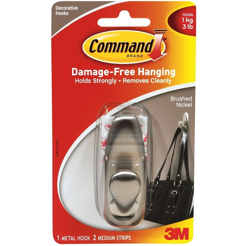 Command Forever Classic Series FC12-BN Decorative Hook, 3 lb, 1-Hook, Metal, Brushed Nickel