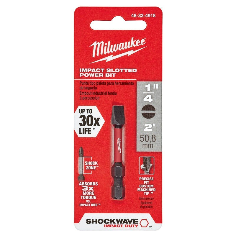 Milwaukee SHOCKWAVE 48-32-4918 Power Bit, #10, 1/4 in Drive, Slotted Drive, 1/4 in Shank, Hex Shank, 2 in L, Steel