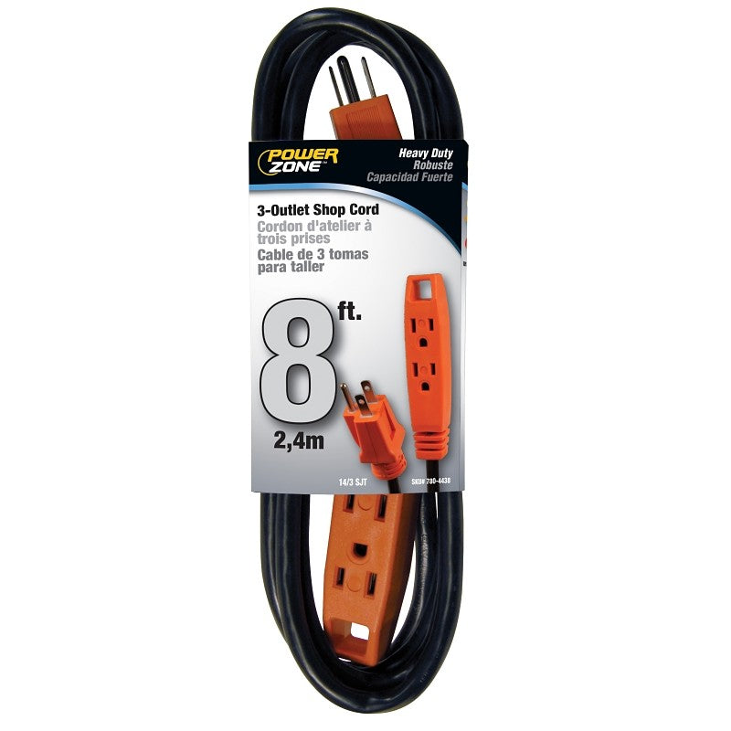 PowerZone OR890708 Extension Cord, 8 ft L, Grounded Plug, 3 -Outlet, Receptacle Outlet, 15 A, 125 V