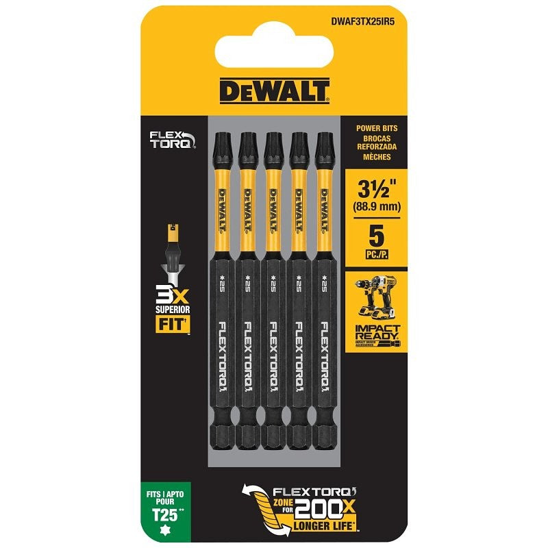 DEWALT FLEXTORQ DWAF3TX25IR5 Impact Screwdriving Bit, T25 Drive, Torx Drive, 1/4 in Shank, Hex Shank, 3-1/2 in L