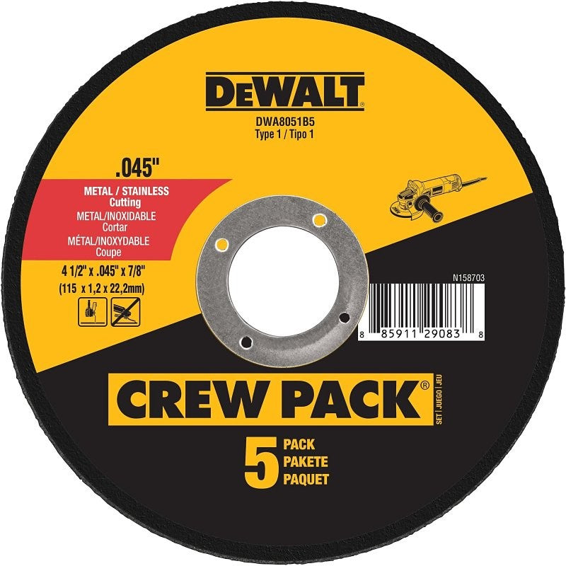 DEWALT DWA8051B5 Cutting Wheel, 4-1/2 in Dia, 0.045 in Thick, 7/8 in Arbor, Aluminum Oxide Abrasive