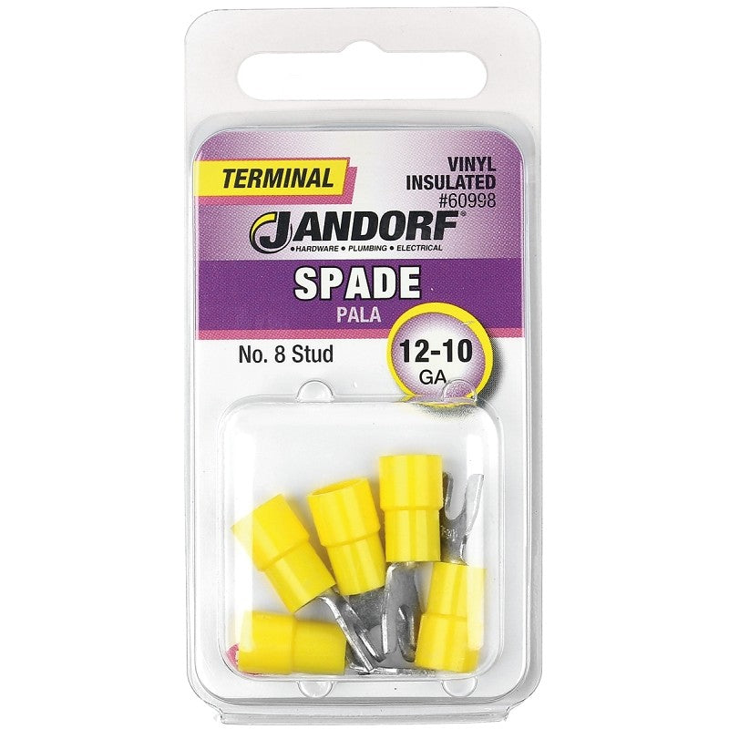 Jandorf 60998 Spade Terminal, 600 V, 12 to 10 AWG Wire, #8 Stud, Vinyl Insulation, Copper Contact, Yellow