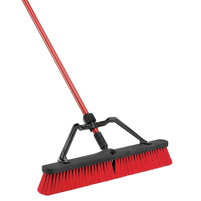 Libman 823 Push Broom, 3 in L Trim, PET Bristle, 62-1/2 in L, Lock Screw, Steel Handle, Black/Red