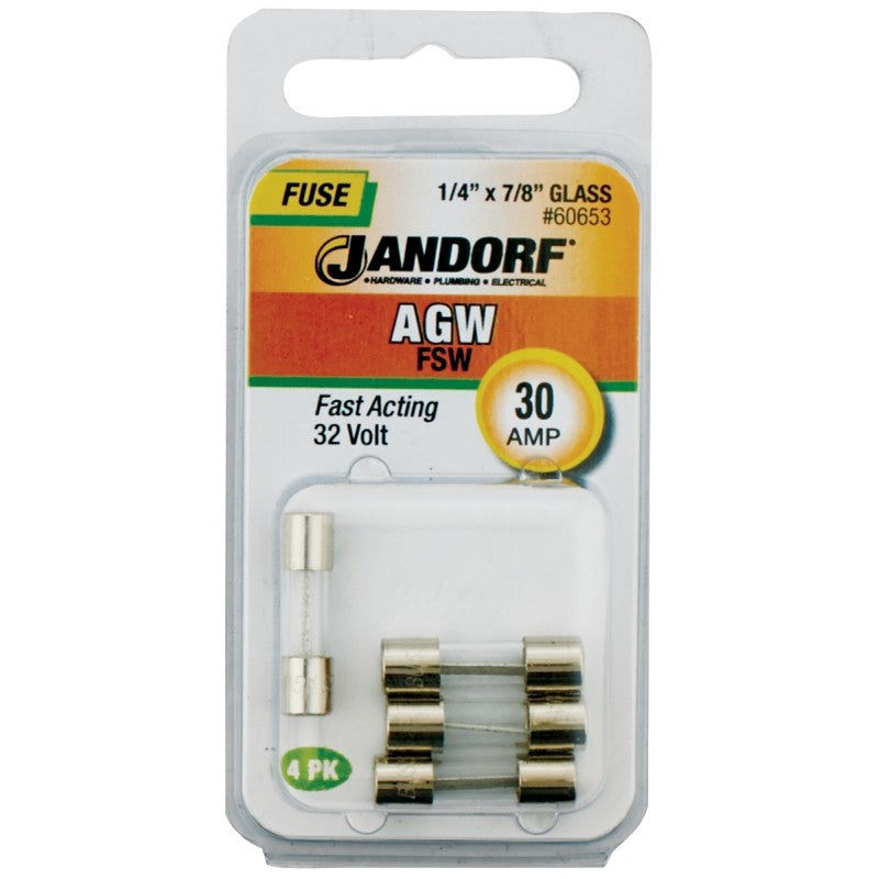 Jandorf 60653 Fast Acting Fuse, 30 A, 32 V, 10 kA Interrupt, Glass Body