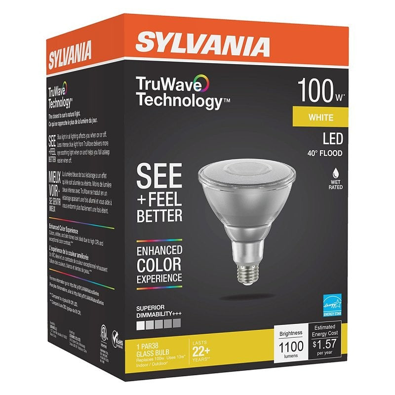 Sylvania 40901 Natural LED Bulb, 120 V, 1100 Lumens, 13 W, PAR38 Lamp, E26 Lamp Base, Dimmable, Clear, Cool White