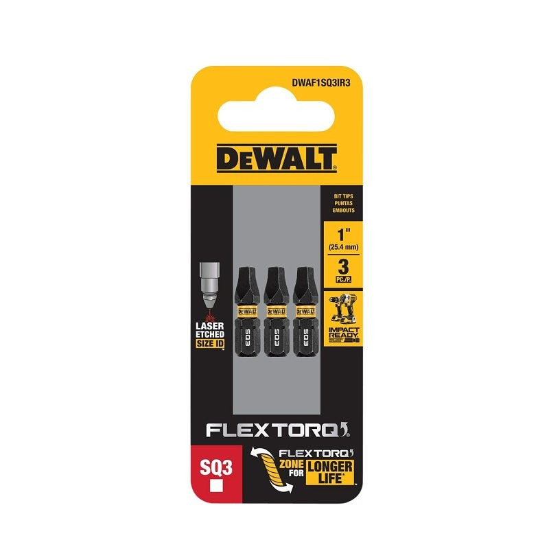 DEWALT FLEXTORQ DWAF1SQ3IR3 Impact Screwdriving Bit, #3 Drive, Square Drive, 1/4 in Shank, Hex Shank, 1 in L