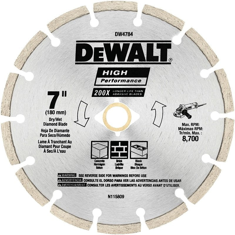 DEWALT HP DW4784 Saw Blade, 7 in Dia, 5/8, 7/8 in Arbor, Diamond Cutting Edge, Segmented Rim