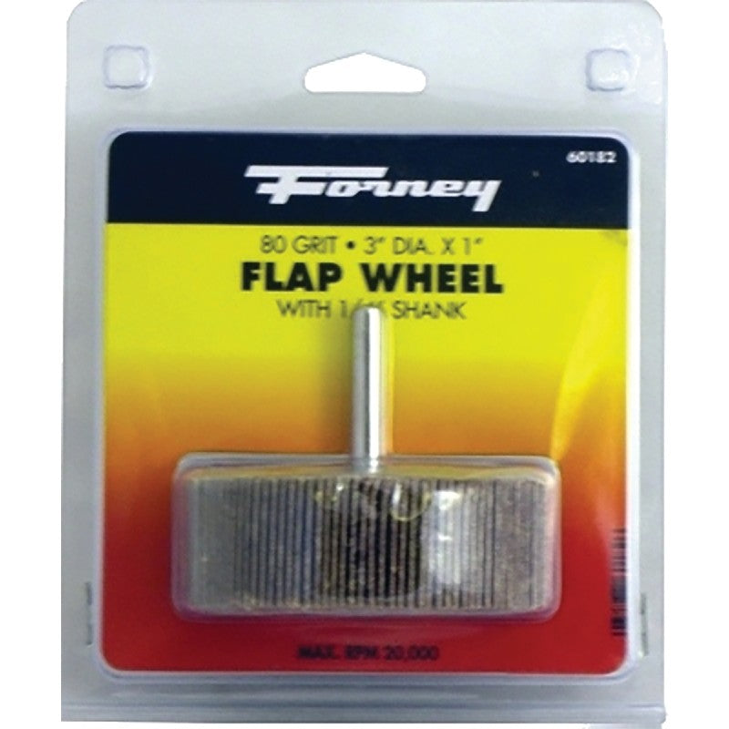 Forney 60182 Flap Wheel, Applicable Materials: Metal, Wood, 3 in Dia, 1 in Thick, 1/4 in Arbor, 80 Grit