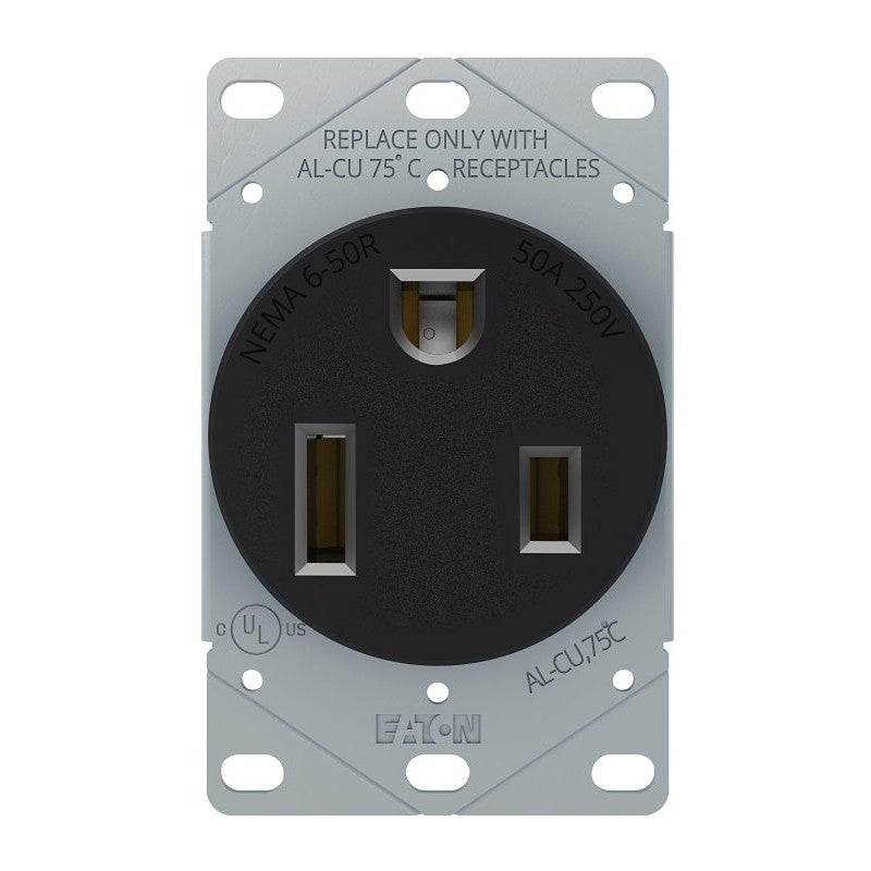 Eaton Cooper Wiring 1254-BOX Power Receptacle, 2-Pole, 250 V, 50 A, NEMA: NEMA 6-50R, Black