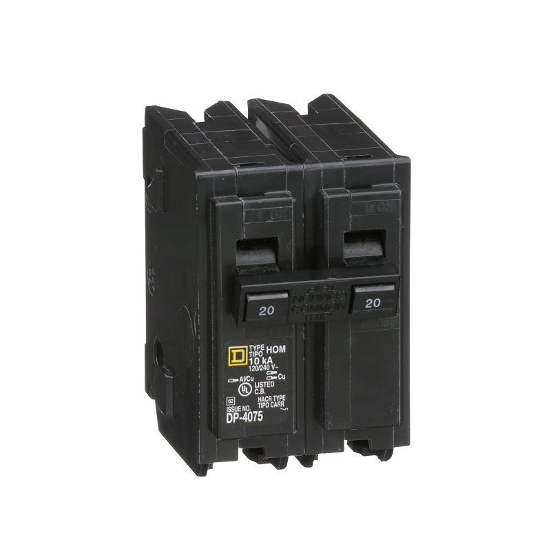 Square D Homeline HOM220CP Circuit Breaker, Mini, 20 A, 2 -Pole, 120/240 V, Fixed Trip, Plug Mounting, Black