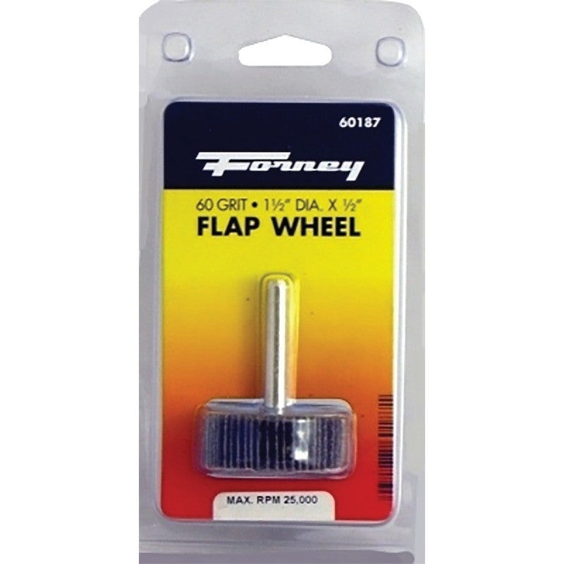 Forney 60187 Flap Wheel, Applicable Materials: Metal, Wood, 1-1/2 in Dia, 1/2 in Thick, 1/4 in Arbor