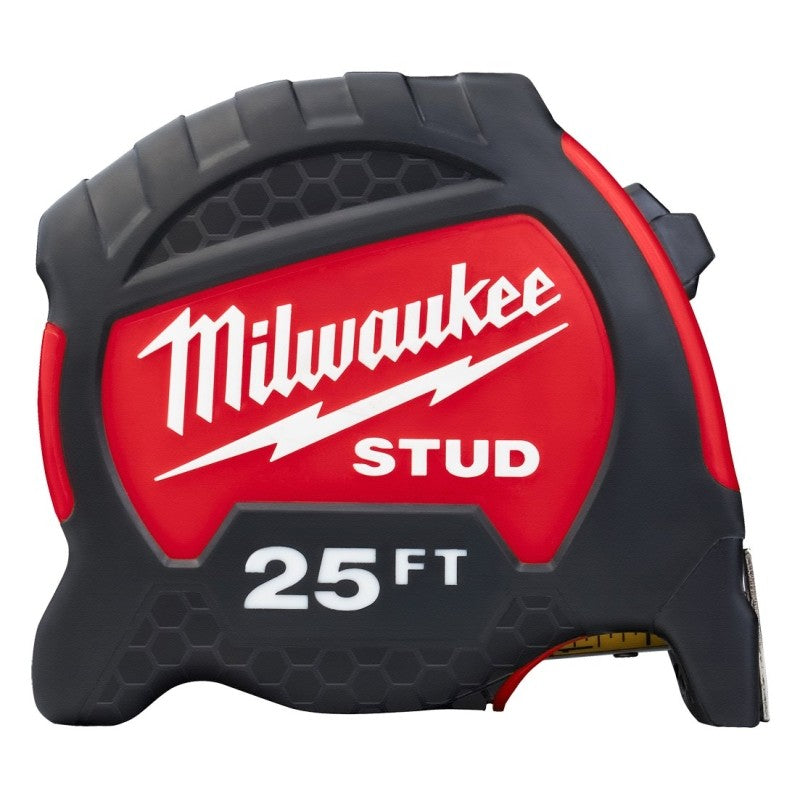 Milwaukee STUD Series 48-22-1425 Tape Measure, 25 ft L Blade, 1-19/64 in W Blade, Steel Blade, ABS Case, Black/Red Case