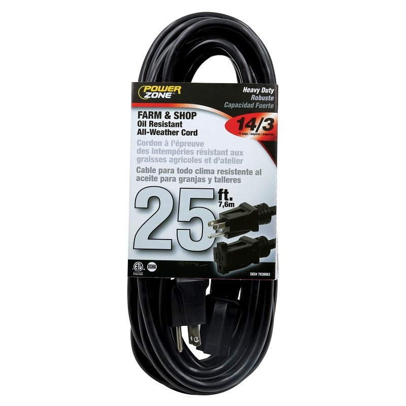 PowerZone OR532725 Extension Cord, 25 ft L, Black