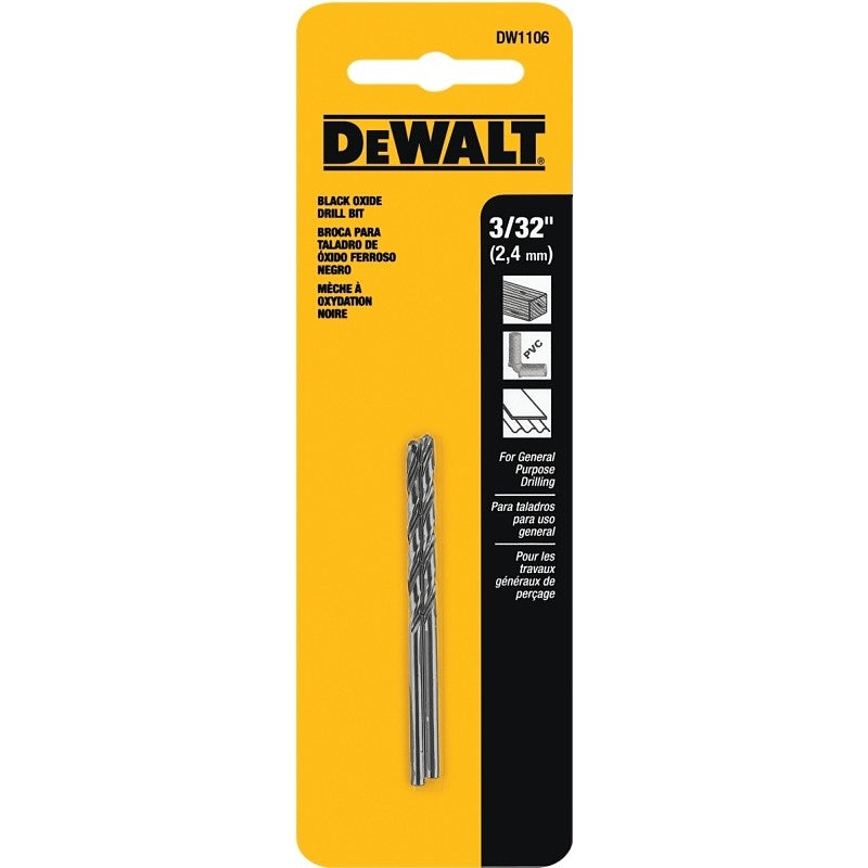DEWALT DW1106 Jobber Drill Bit, 3/32 in Dia, 2-1/4 in OAL, Parabolic Flute, 3/32 in Dia Shank, Round Shank (Pack of 5)