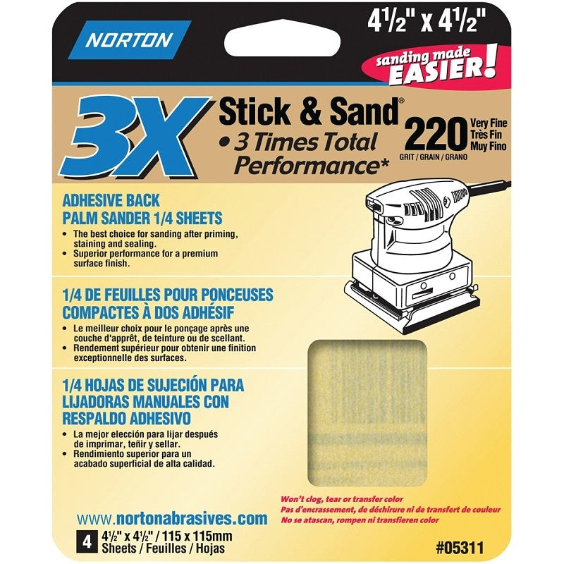 Norton ProSand 07660705311 Sanding Sheet, 4-1/2 in L, 4-1/2 in W, Very Fine, 220 Grit, Aluminum Oxide Abrasive