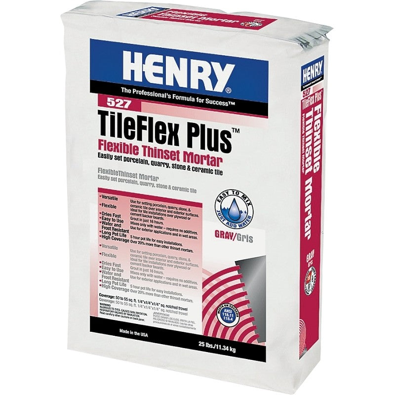 Henry 527 TileFlex Plus Series 12262 Thin-Set Mortar, Gray, Fine Solid Powder, 25 lb, Bag