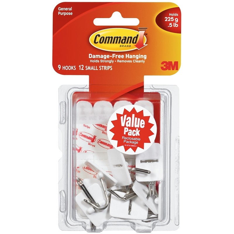 Command 17067-VP Wire Hook, 5/8 in Opening, 0.5 lb, 9-Hook, Plastic, White
