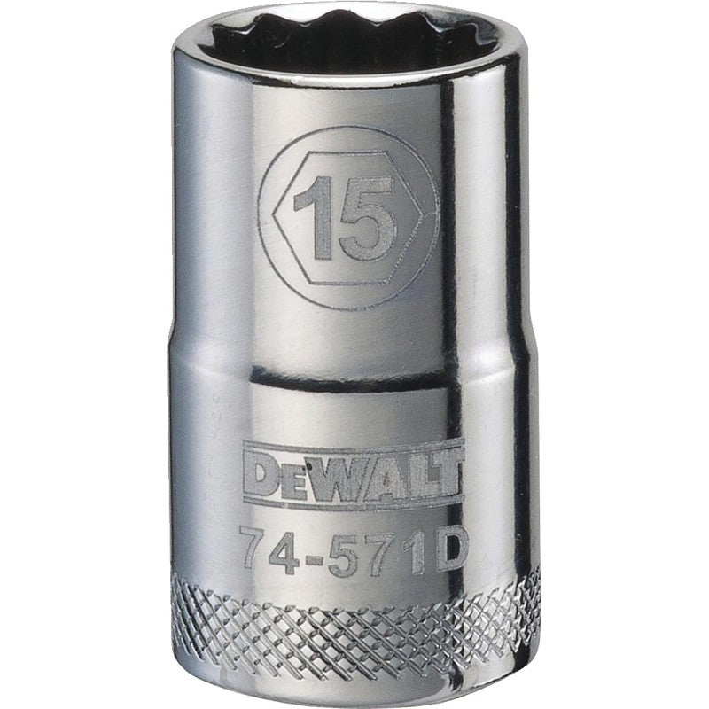 DEWALT DWMT74571OSP Drive Socket, 15 mm Socket, 1-1/2 in OAL, 1/2 in Drive, 12-Point, Vanadium Steel, Polished Chrome