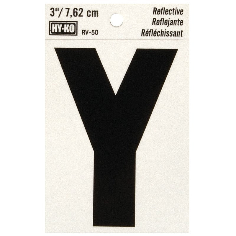 Hy-Ko RV-50/Y Reflective Letter, 2-1/2 in W x 4 in H Dimensions, Character: Y, 3 in H Character, Black Character, Vinyl (Pack of 10)