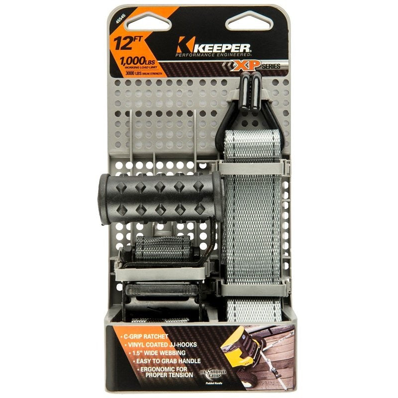 Keeper Diamond Series 45545 Tie-Down, 1-1/2 in W, 12 ft L, Gray, 1000 lb Working Load, J-Hook End