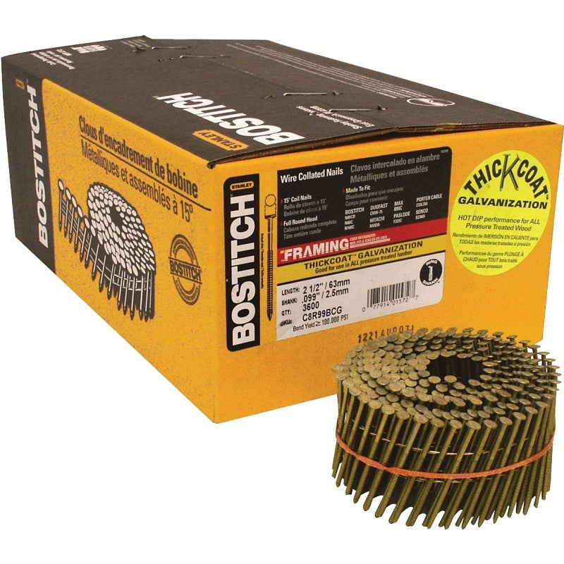 Bostitch C8R99BCG Framing Nail, 2-1/2 in L, Steel, Thickcoat, Ring Shank