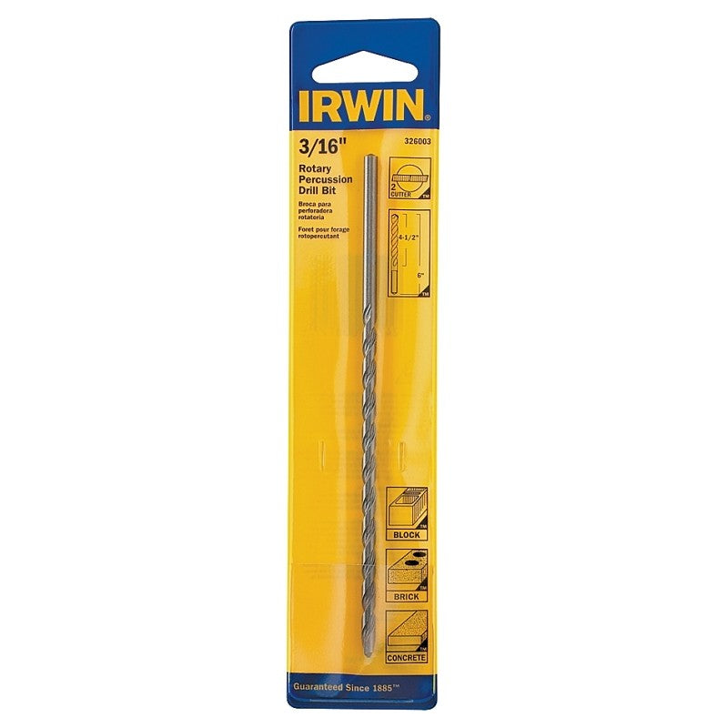 Irwin 326003 Rotary Hammer Drill Bit, 3/16 in Dia, 6 in OAL, Percussion, Twist Flute, 2-Flute, 3/16 in Dia Shank