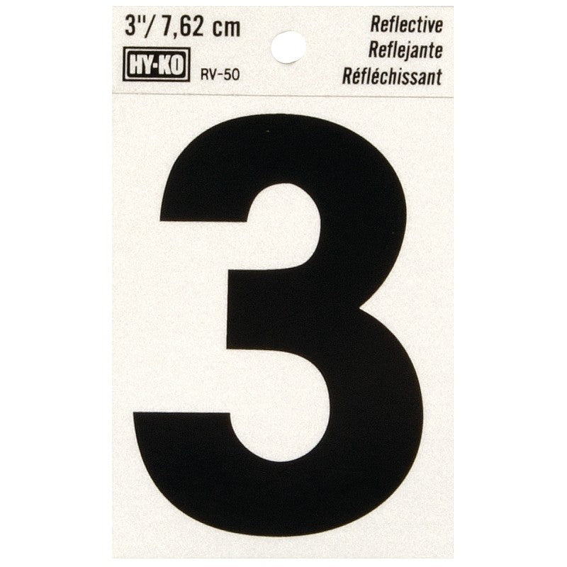 Hy-Ko RV-50/3 Reflective Sign, Character: 3, 3 in H Character, Black Character, Silver Background, Vinyl (Pack of 10)
