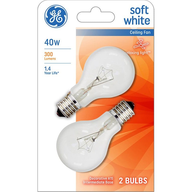 GE 74038 Light Bulb, 40 W, A15 Lamp, E17 Intermediate Lamp Base, 300 Lumens, 2500 K Color Temp, Soft White Light