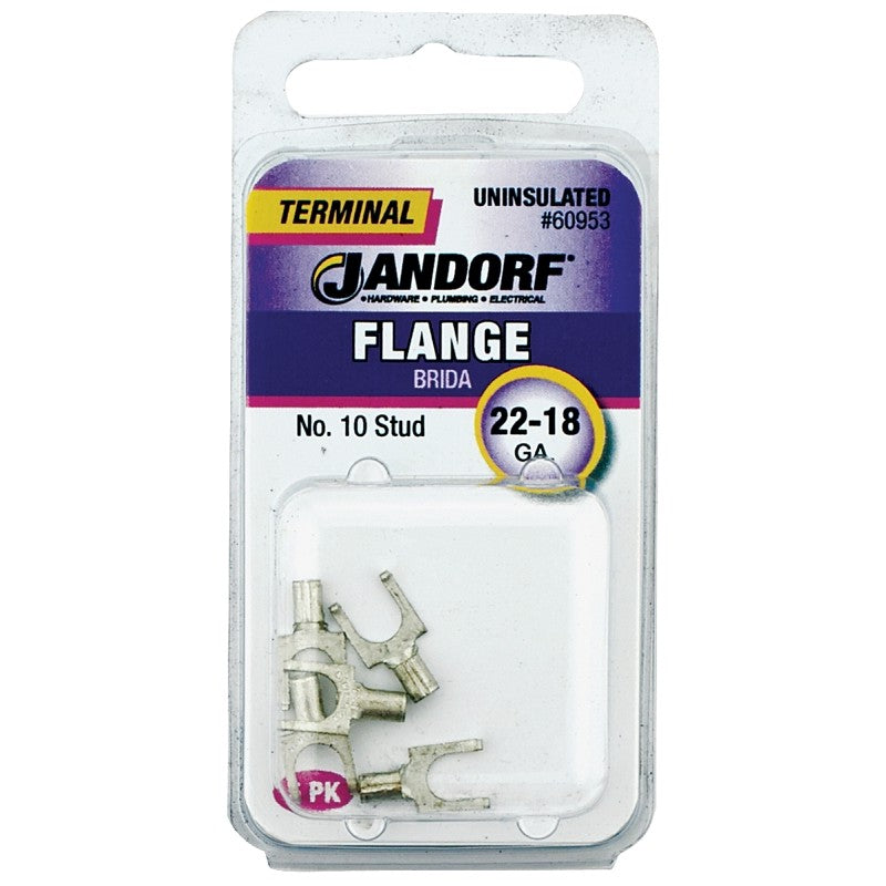 Jandorf 60953 Spade Terminal, 22 to 18 AWG Wire, #10 Stud, Copper Contact