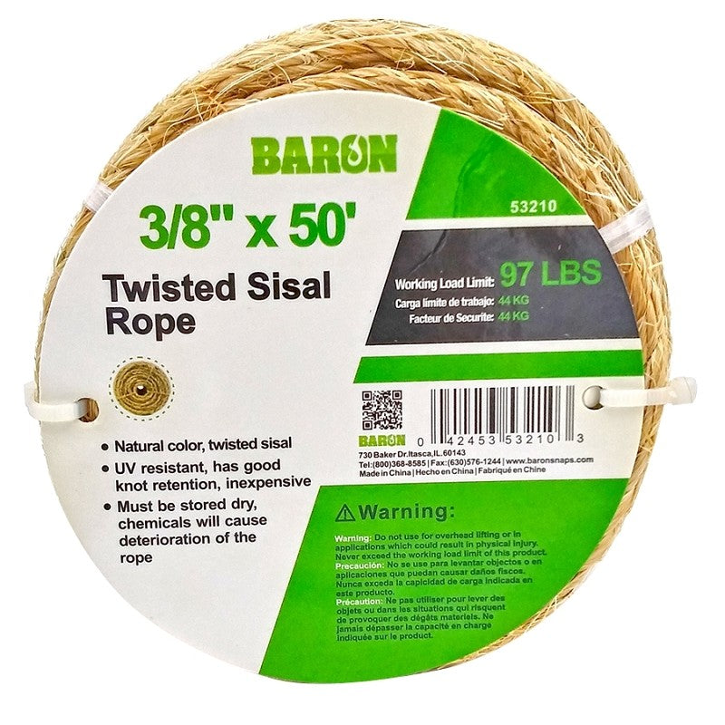 Baron 53210 Rope, 3/8 in Dia, 50 ft L, 97 lb Working Load, Sisal, Natural