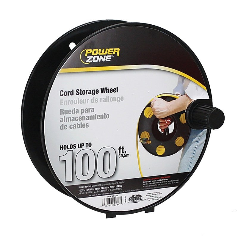 PowerZone ORCR2002 Cord Storage Reel, 100 ft L Cord, 16 AWG Wire, Black