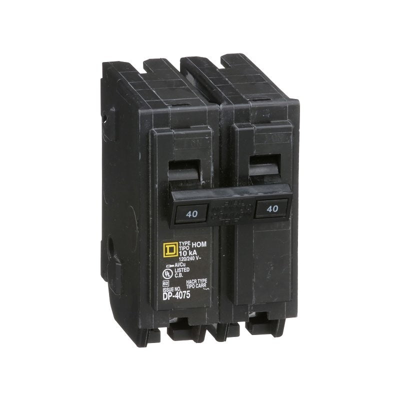 Square D Homeline HOM240CP Circuit Breaker, Mini, 40 A, 2 -Pole, 120/240 V, Fixed Trip, Plug Mounting, Black