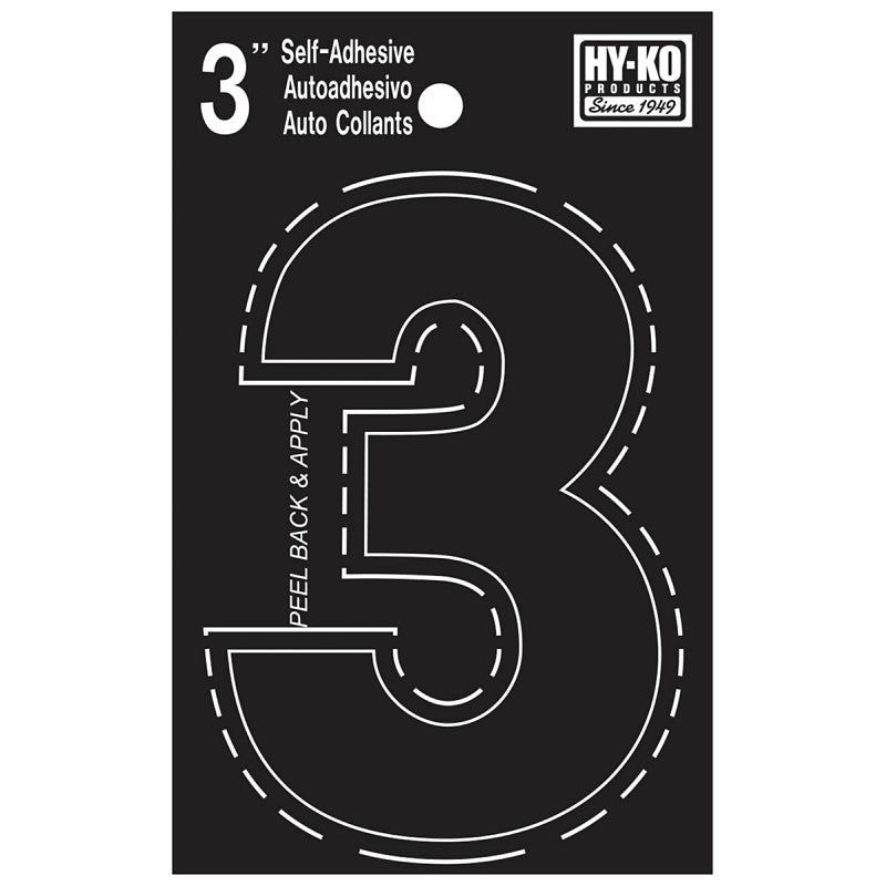 Hy-Ko 30400 Series 30403 Die-Cut Number, Character: 3, 3 in H Character, Black Character, Vinyl (Pack of 10)